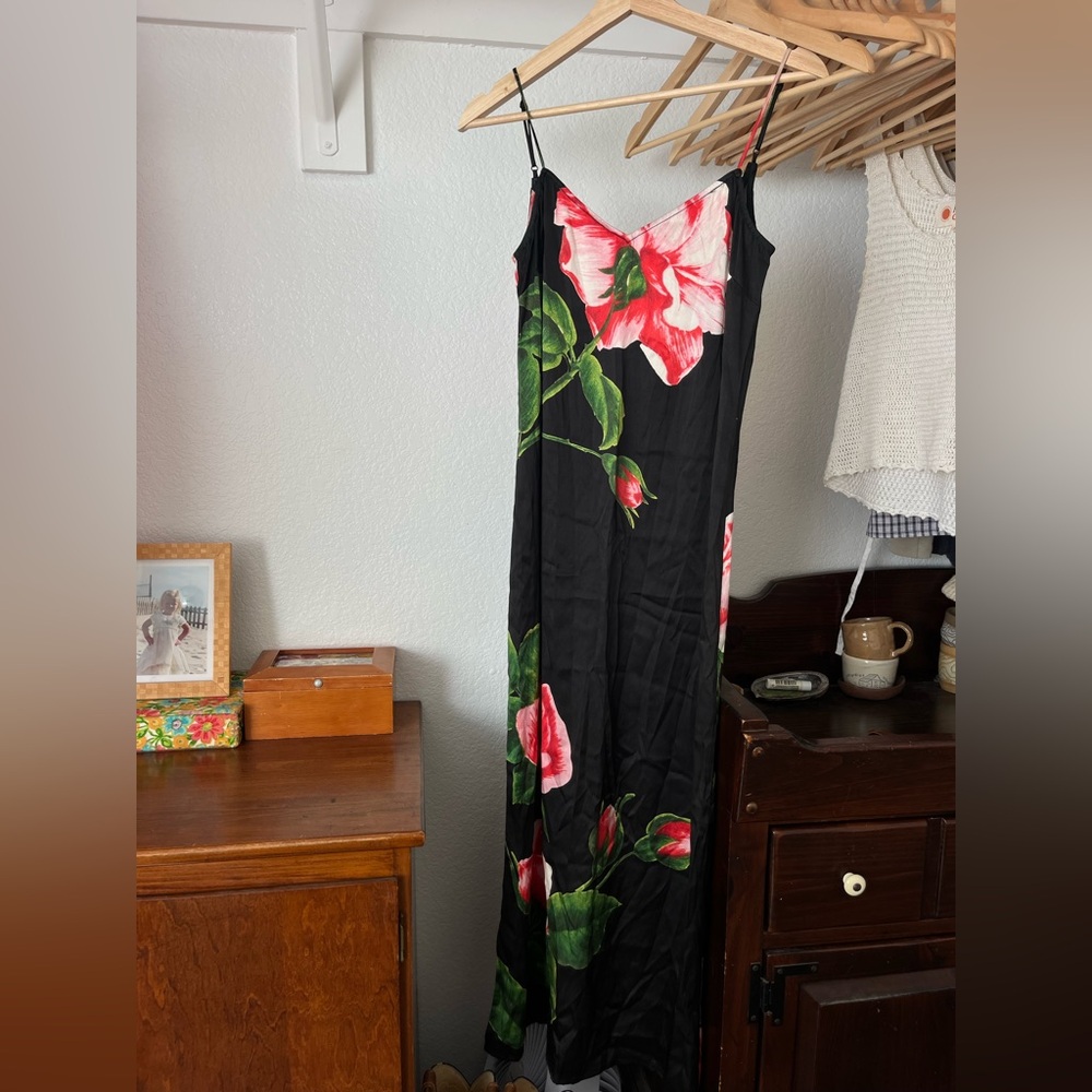 LPA Black Maxi Dress with Red and Green Floral Design